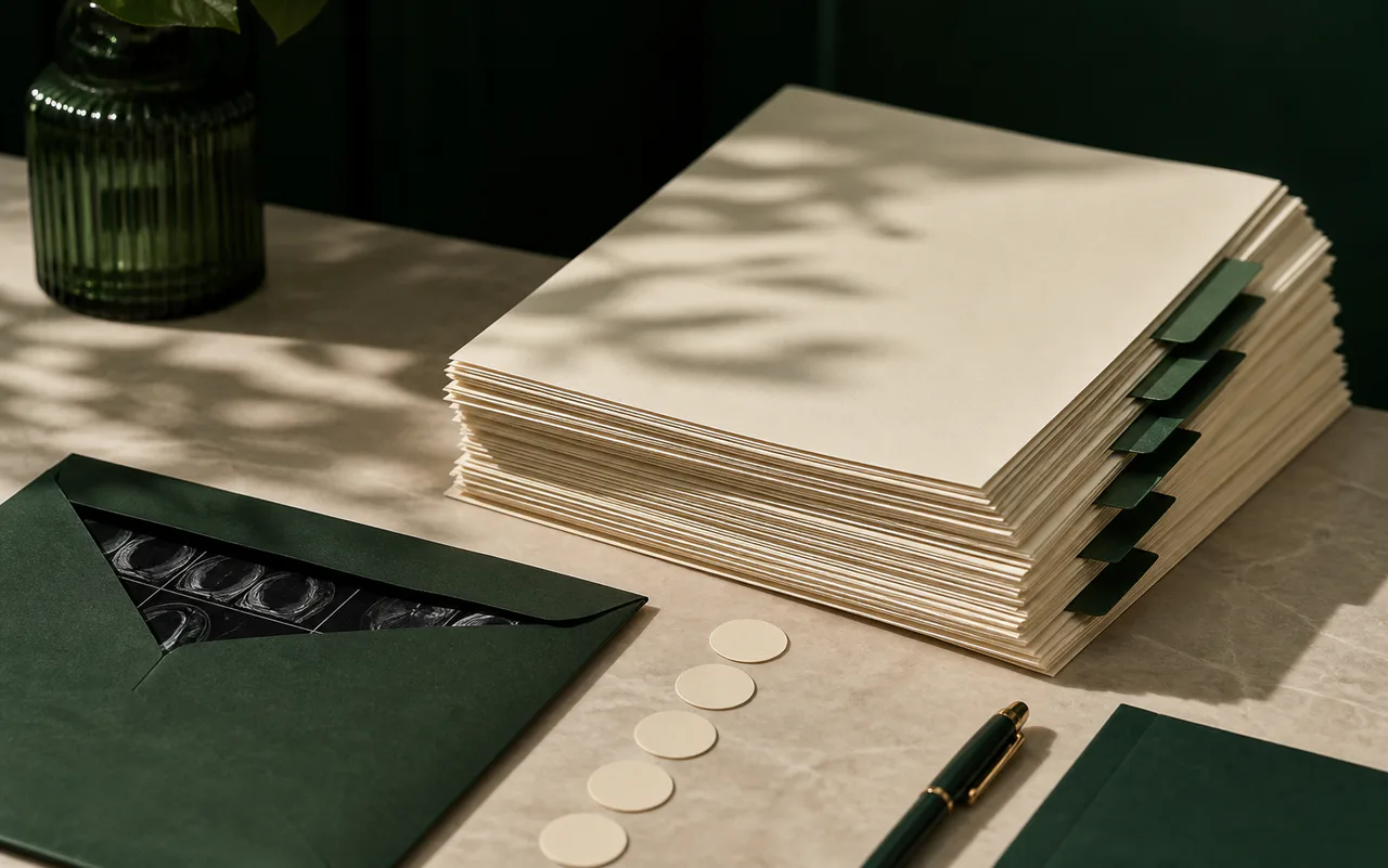 Green envelope with an anonymized scan and blank documents